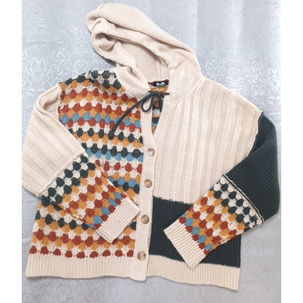 Miss Me Women's Cardigan Sweater Hood Tie Beige Check Aztec Sz M Acrylic Country - Picture 12 of 13
